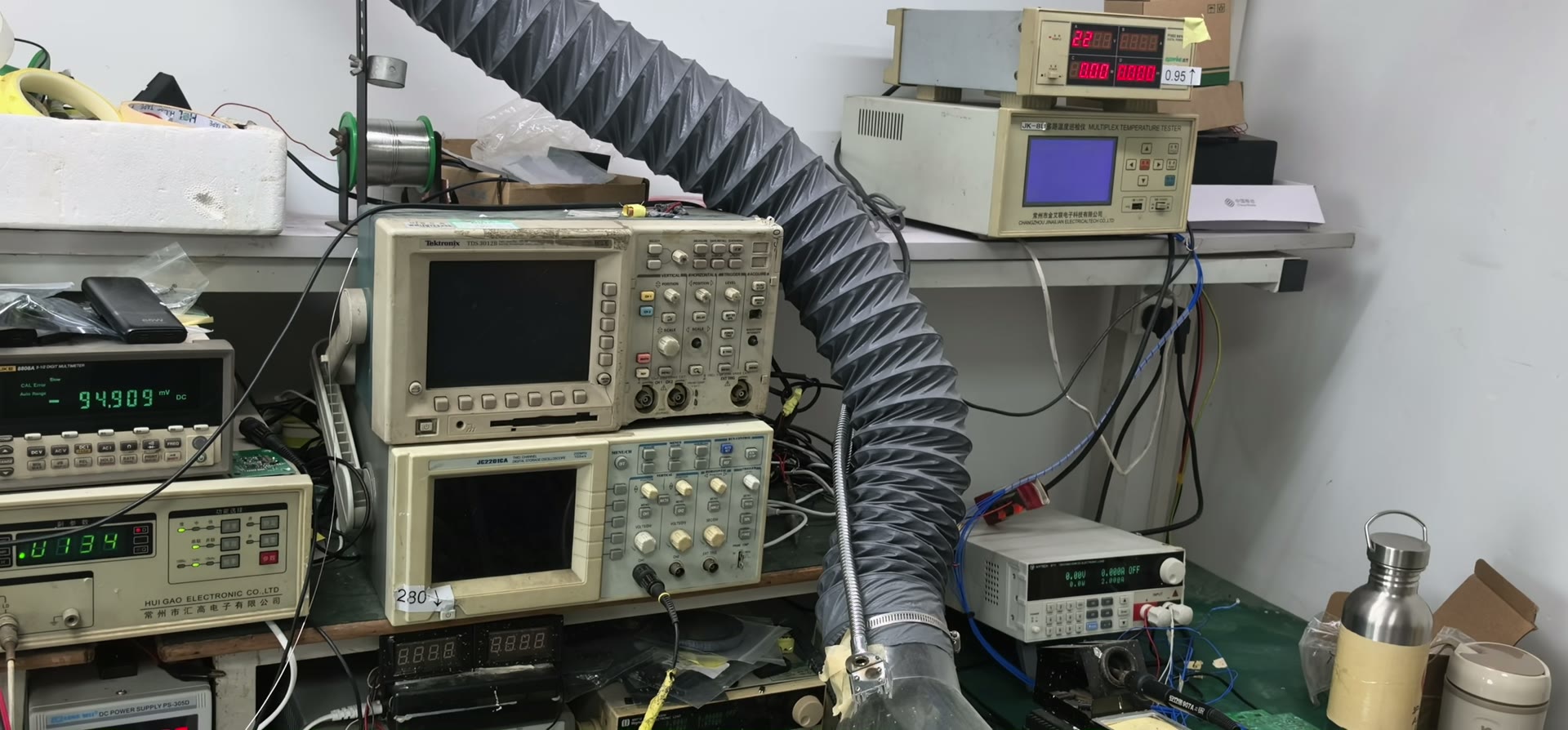 Test lab with oscilloscope and power supplies